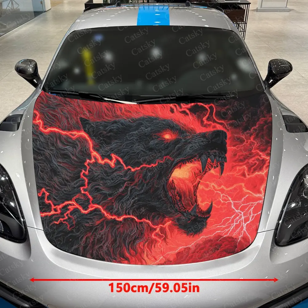 Red Lightning Wolf Car Hood Wrap - Waterproof PVC Self-Adhesive Decal, Scratch-Resistant, Durable Car & Truck Hood Cover