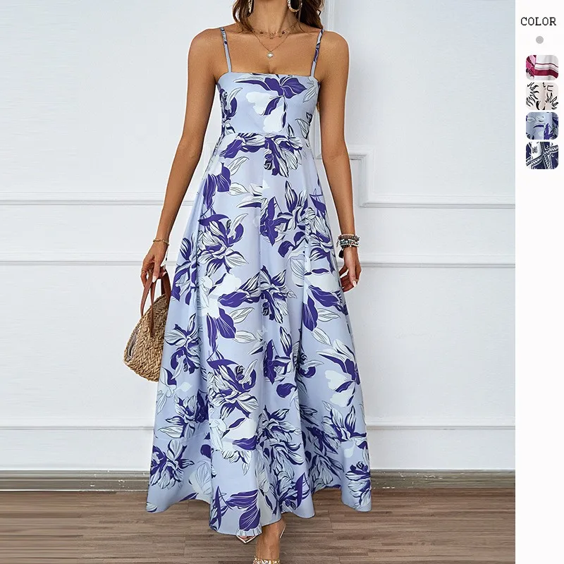 ﻿ 2025 Spring/Summer Fashion New Flower Printed Bareback Strap Sexy High Waist A-line Dress for Women﻿﻿﻿