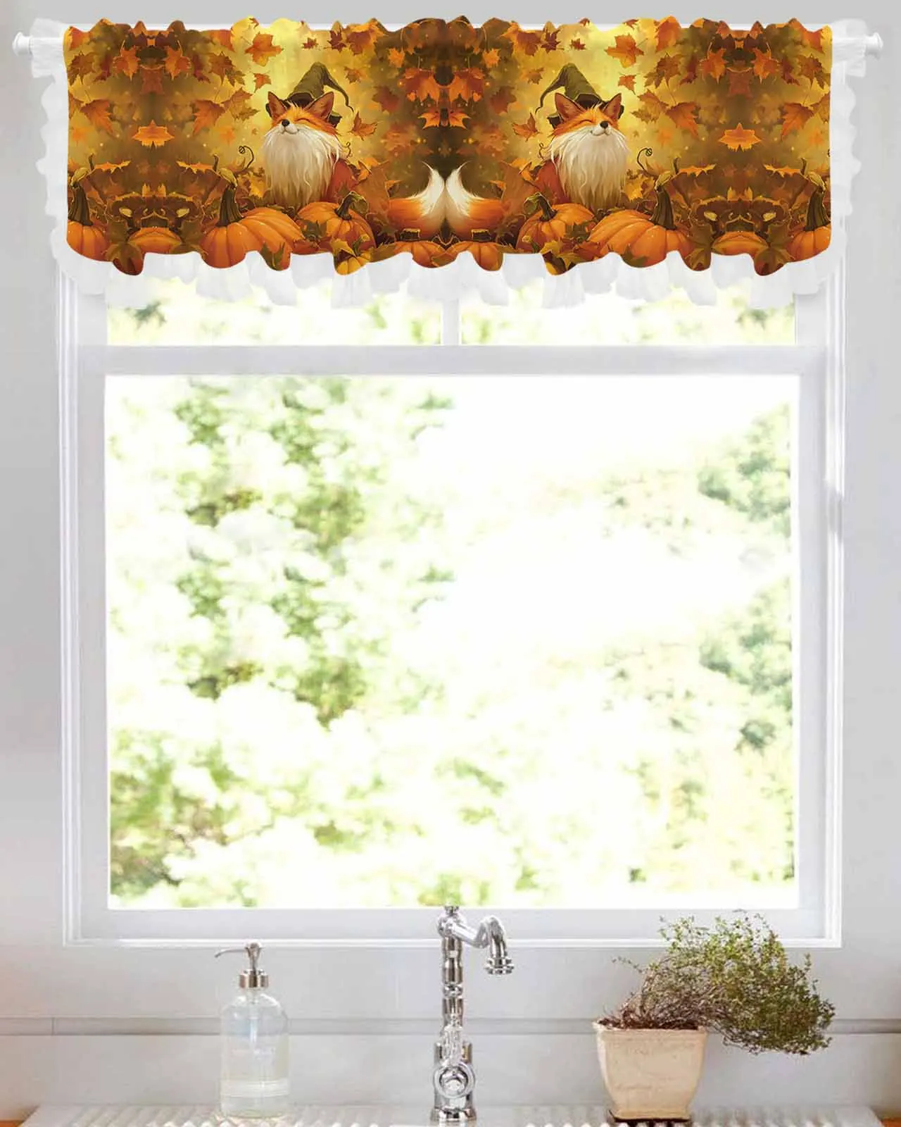 

Fall Pumpkin Fox Short Tulle Half Curtains for Living Room Kitchen Door Cafe Window Sheer Valance Drapes