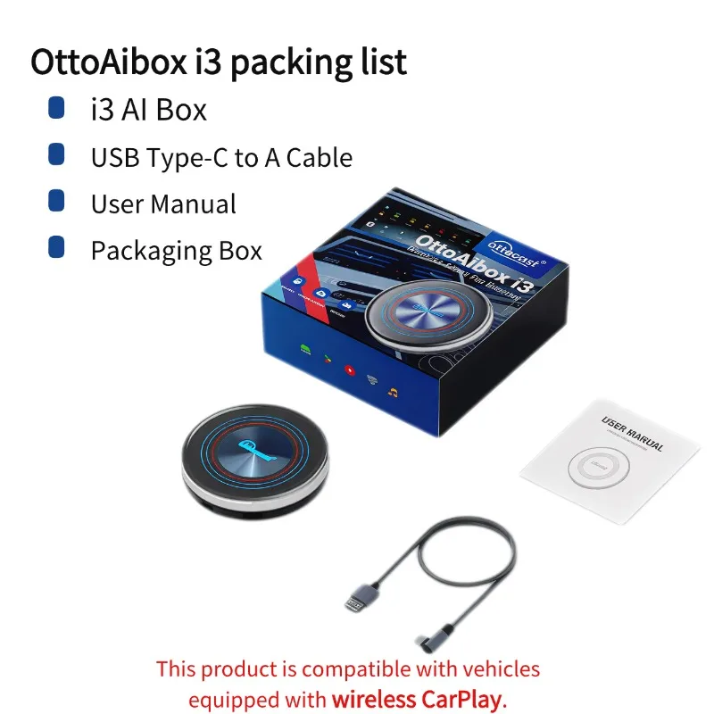 OTTOCAST I3 Wireless CarPlay Adapter 8+128G AI Box Android 13
