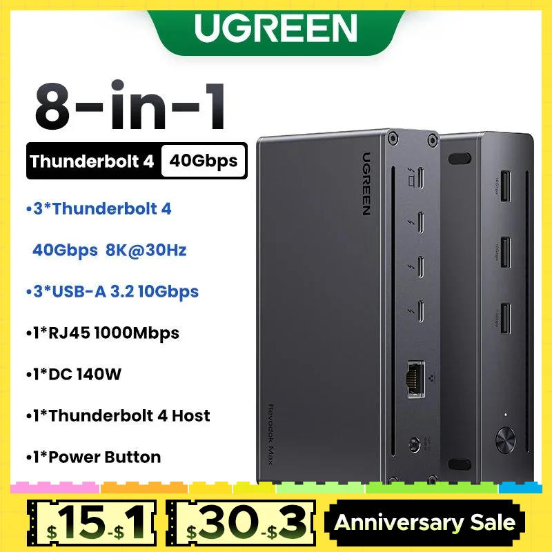 UGREEN 8-in-1 Docking Station 8K30Hz Thunderbolt 4 40Gbps Dock USB3.2 Gen2 10Gbps with EU Adapter forMacBook Laptops PC Revodok