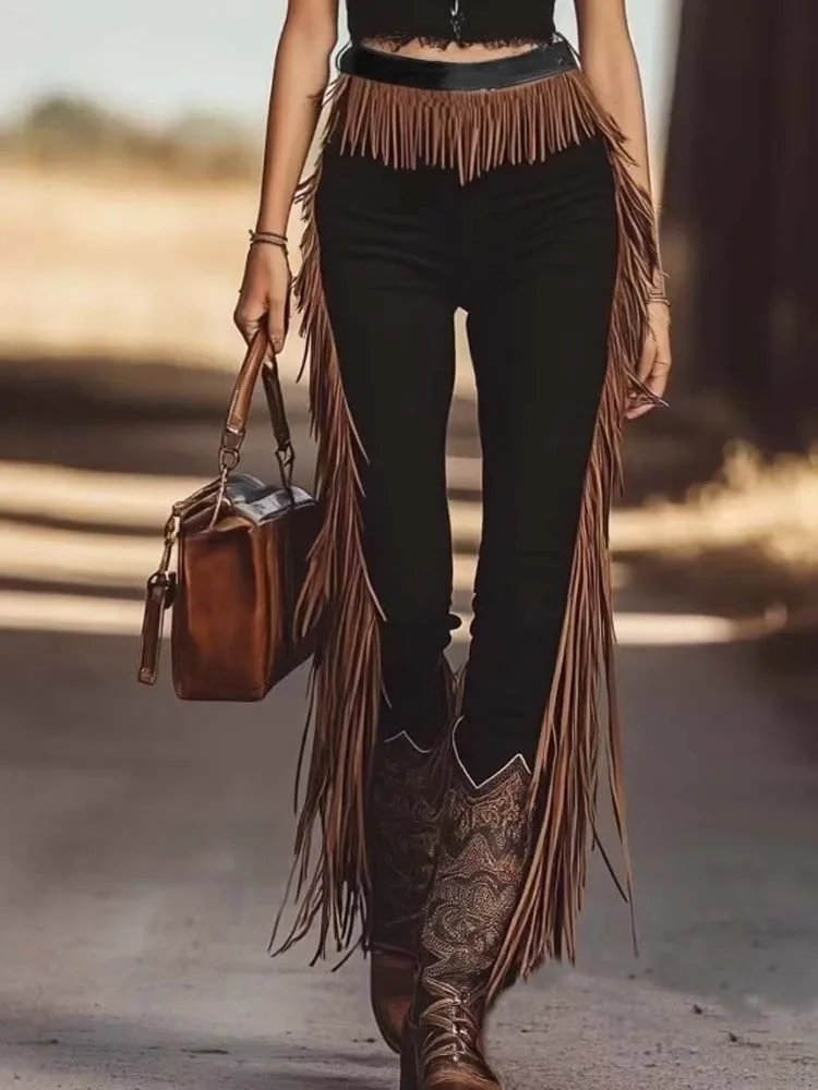 Pantalones étnicos Vintage con flecos a medida para mujer, moda Otoño Invierno, pantalones largos lisos de cintura alta, mallas con flecos negros 2025