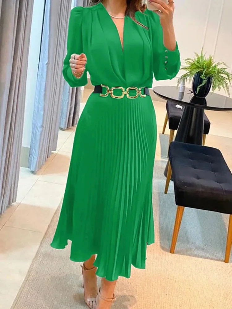 Deioao Luxury Elegant Dress Women Summer Puff Long Sleeve V-Neck Solid Color Fashion Dresses A-line Female Clothing Outfits