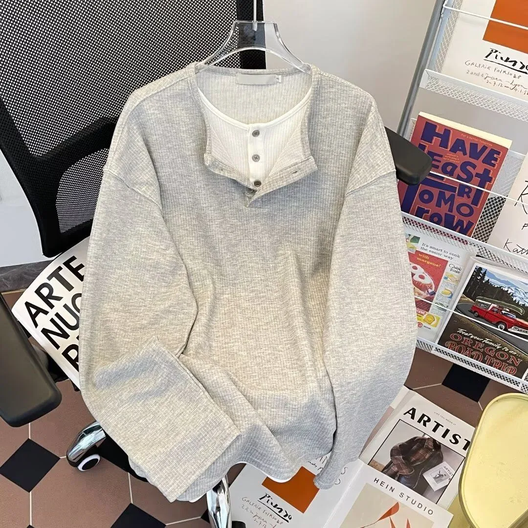 

Мужской свитшот в американском стиле с воротником хенли, имитация двухслойности, плотный, свободный, повседневный, надеваемый через голову