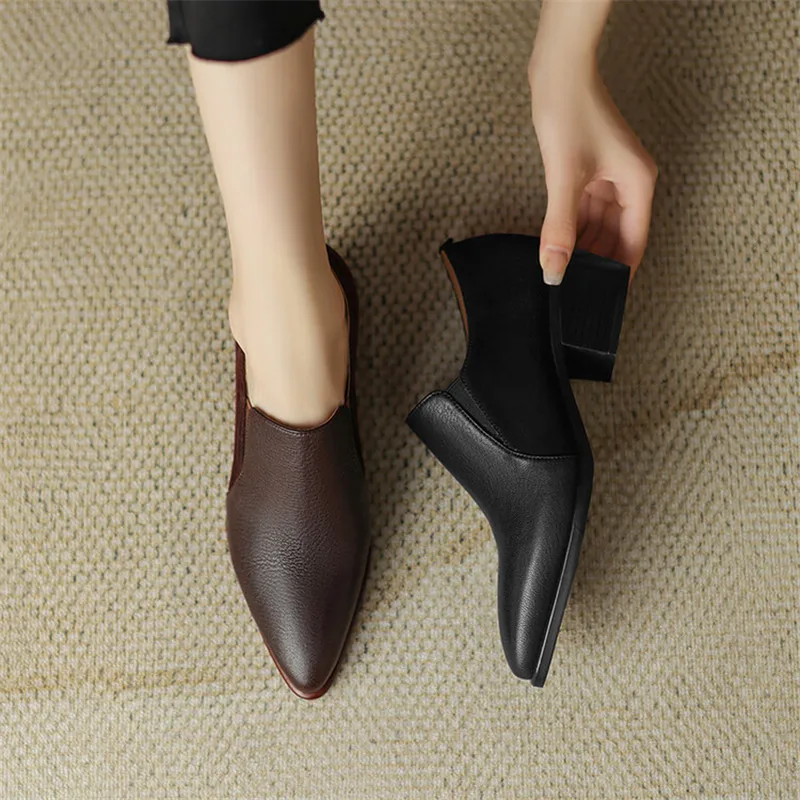 2023 New Autumn Women Loafers Genuine Leather Pointed Toe Chunky Heel Shoes Winter Women Pumps Shoes for Women Zaptos De Mujer