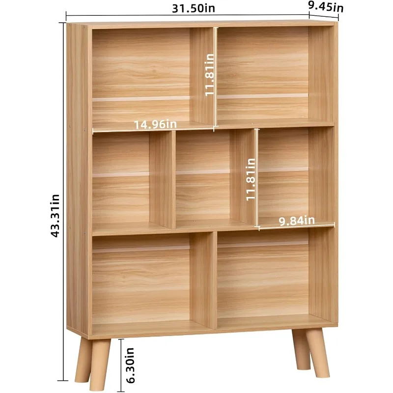 FREE SHIP.Wooden 7 Cube Book Shelf, Natural 3 Tier Bookshelf with Legs, Modern Open Storage Organizer,Boho Bookcase,Disp