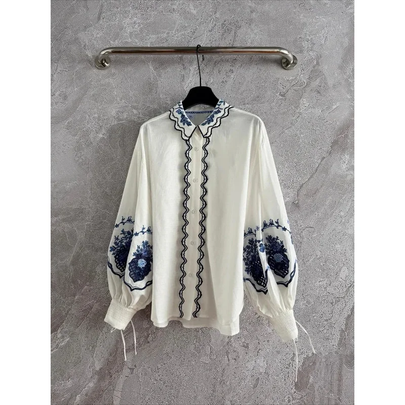 2025 New Fashion White Hollow Embroidery Long Sleeve Blouse Top and Mini Skirt Set