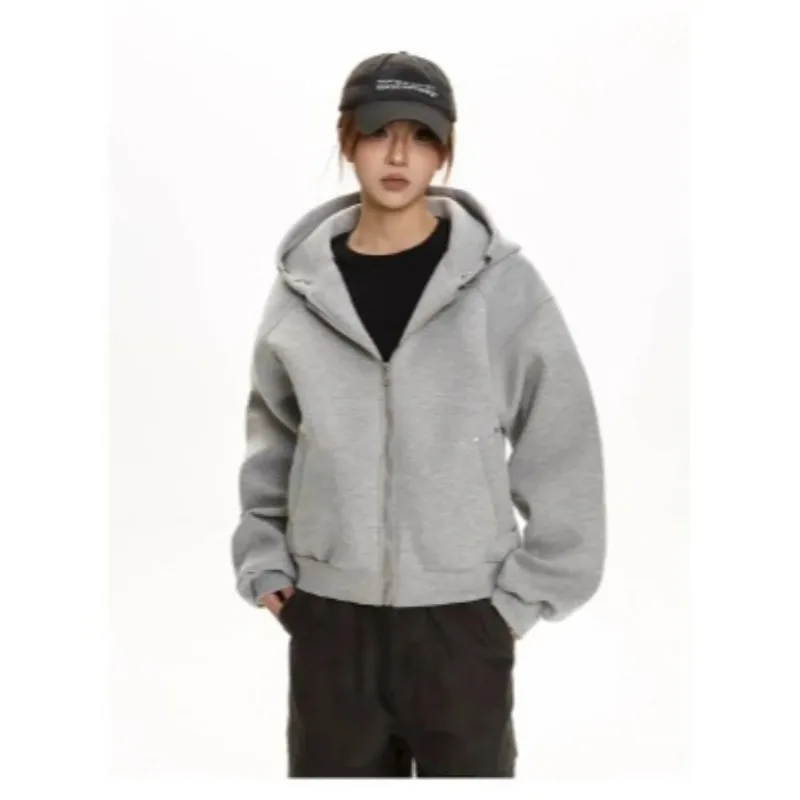 Retro Women's Zip Up Hoodie Sweatshirt Autumn Winter Fashion Harajuku Loose Hoodie Jacket Y2k Korean Solid Streetwear Kpop Tops