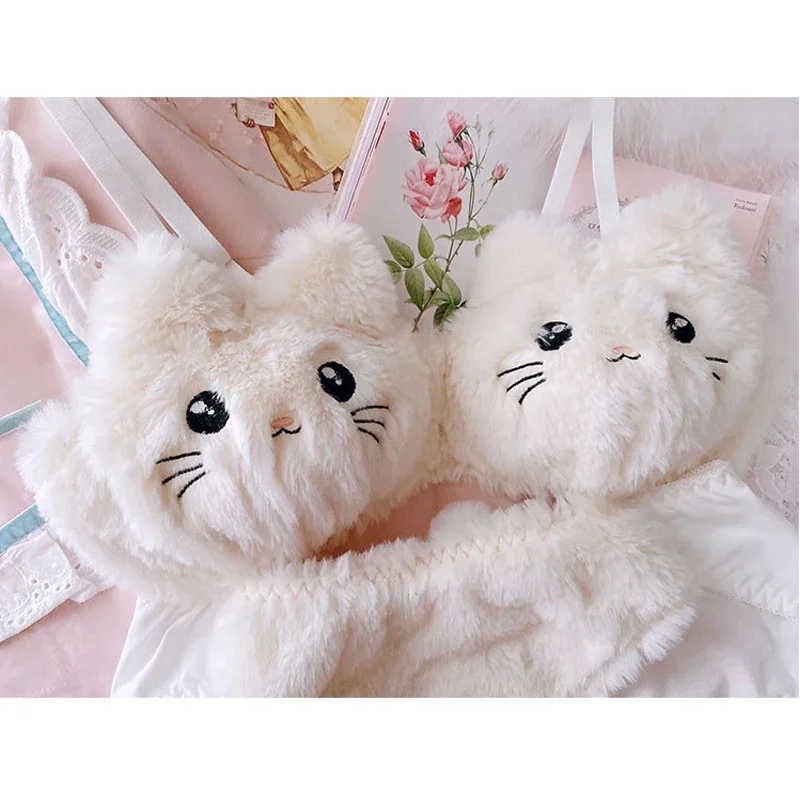 Giapponese Kawaii morbido peluche studente Lingerie ragazza carina donne cartone animato ricamo gatto reggiseno Sexy rosa e bianco senza anello in acciaio Set