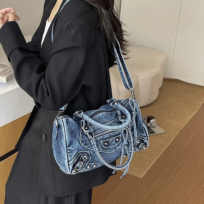 Women Small Denim Crossbody Bag Rivet Decor Motorcycle Washed Jean Shoulder Handbag Zipper Pocket Biker Tote For Girls Daily
