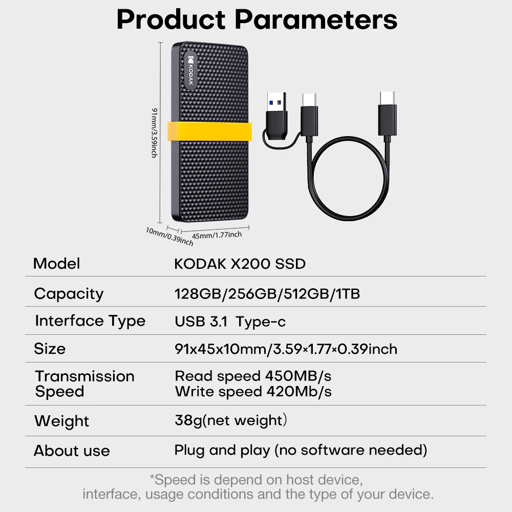 Kodak X200 Tragbare SSD 1 TB externe SSD für Laptop, MacBook, PC, 450 MB/s, HDR, Aufnahme und Aufbewahrung, tragbarer Solid-State