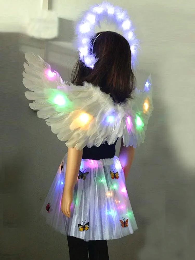 Costume d'Ange Shoe avec Lumière LED, Aile de Plumes, Halo, Anneau, Couronne, Jupe Papillon, Lueur, ixd'Anniversaire, Mariage, Noël, pour Adulte et Enfant