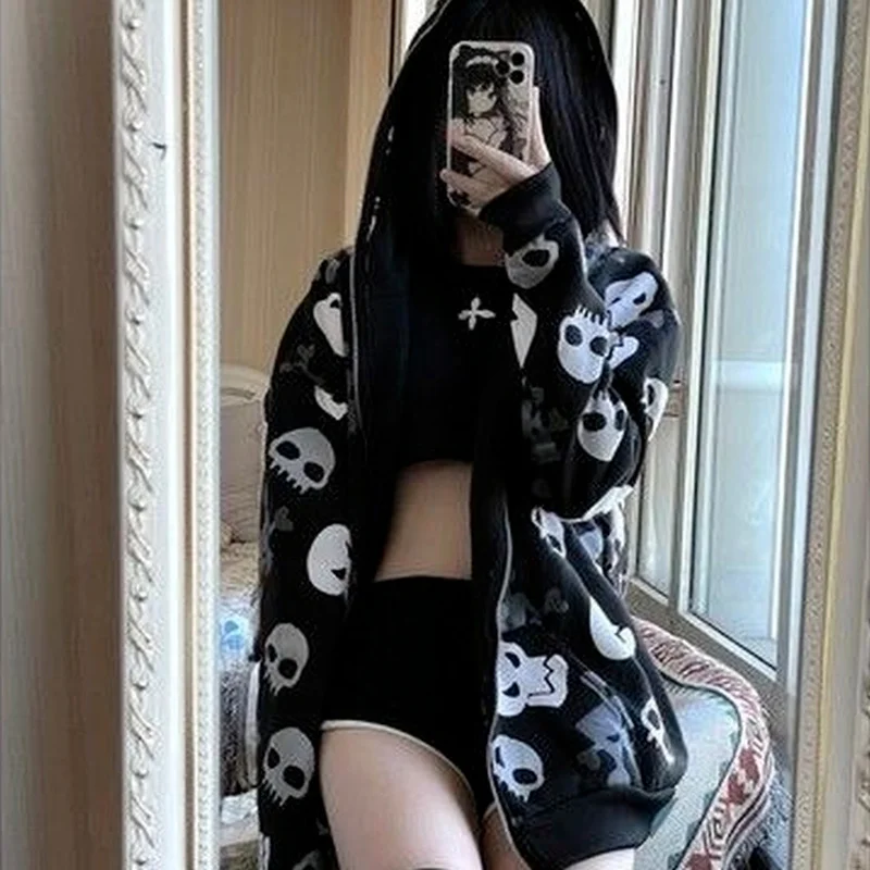 Harajuku Hoodies Women Streetwear Skull Print Long Sleeve Zipper Coat Oversized Tops Hooded Casual Korean Sweatshirt Y2k Clothes