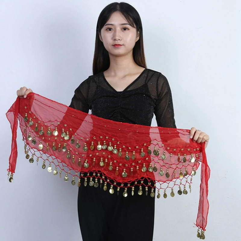 Belly Dance Belt for Women Chiffon Gold Coines Oriental Dancing Wear Accessies Girl's Chiffon Silver Coines Bellydance Hip Scarf