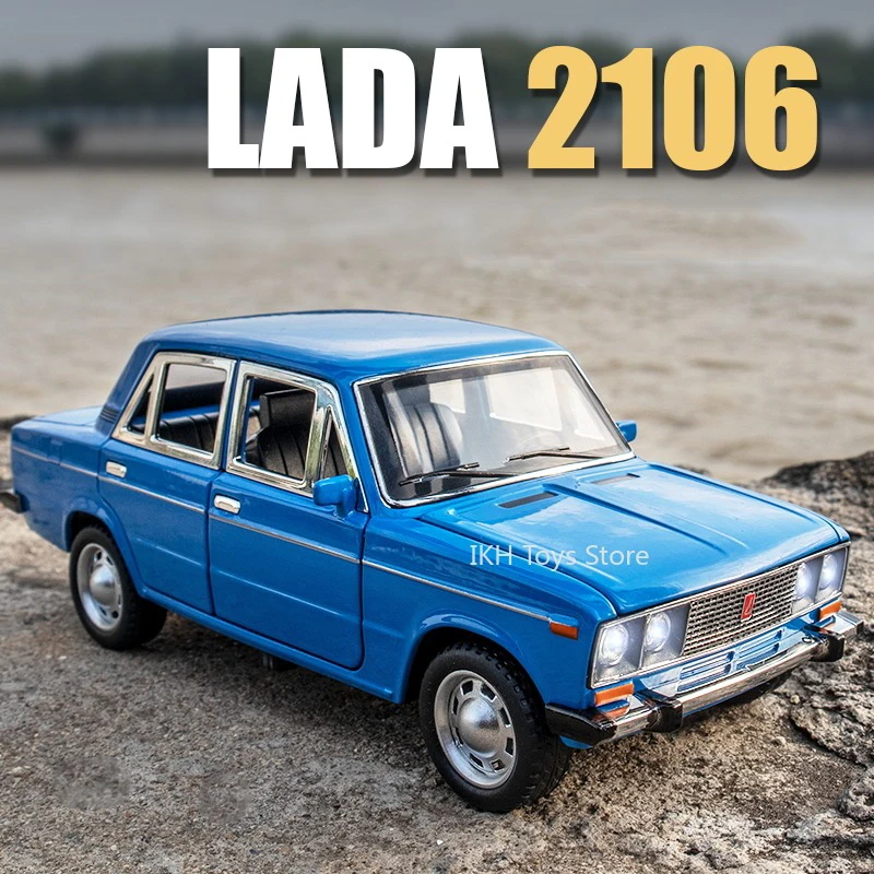 

1:24 Lada 2016 Vintage Car Toy Models Alloy Diecast Sound Light Pull Back Doors Opened Rubber Tires Ornament for Children Gifts
