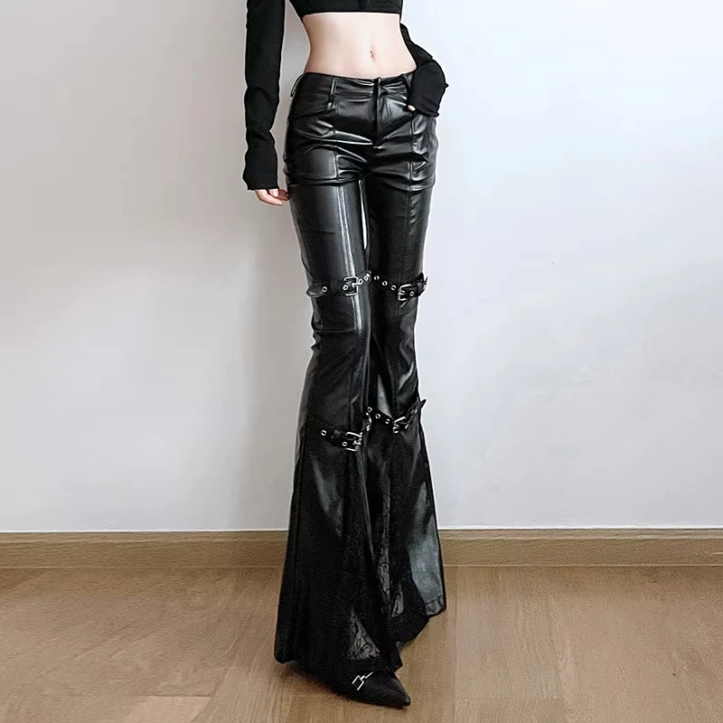 GG PU Leather Flare Pant Goth Buckle Lace Patchwork Pants Women Fashion Y2K Streetwear Vintage Aesthetics Casual Trouesrs