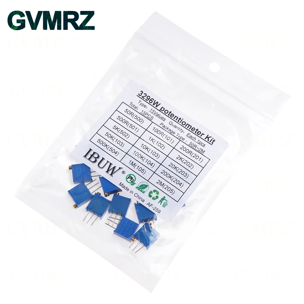15PCS 15Values 3296W Potentiometer Kit (50R-2MΩ) for High-Precision Circuit Debugging & Electronic Device Calibration