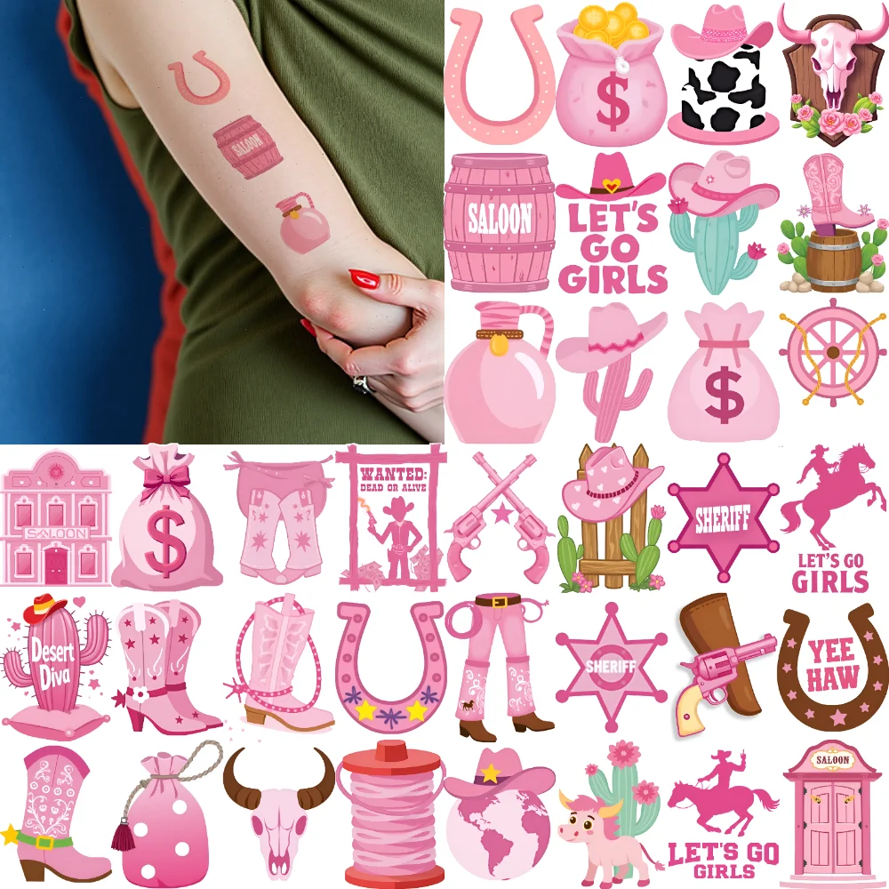 

54pcs Temporary Tattoo Bandana Waterproof Long-lasting Body Stickers Western Boot Saloon Cartoon Horseshoe For Shoulders Arms
