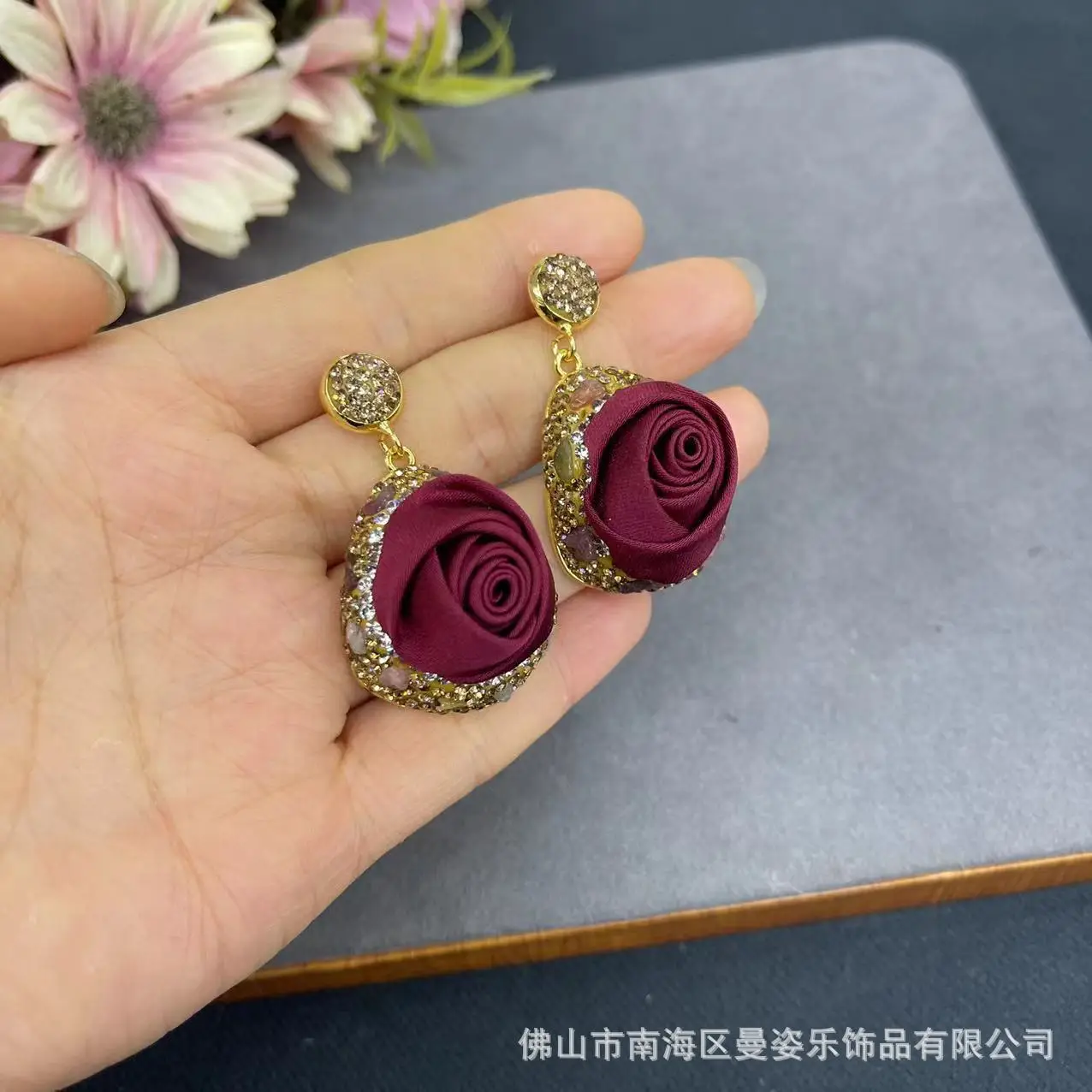 DIY accessories New lace rose inlaid natural tourmaline earrings, new Chinese romantic classical vintage jewelry wholesale
