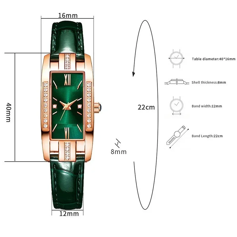 Luxo quadrado mulher relógio criativo vermelho verde pequeno mostrador diamante relógios para senhoras elegantes relógio de quartzo de couro