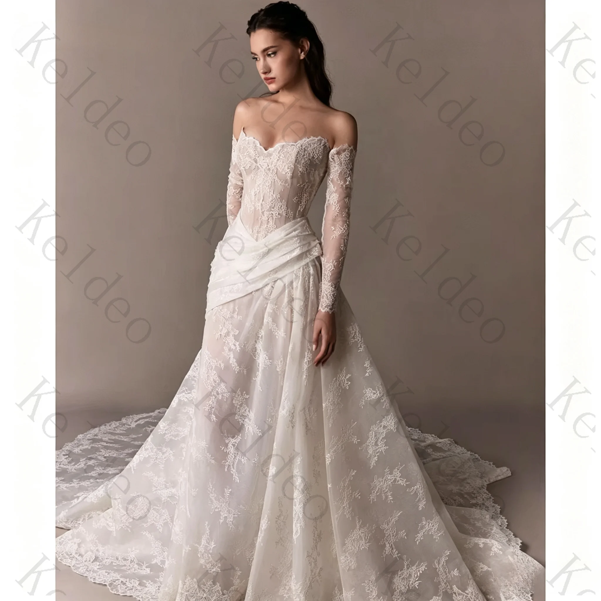 Customized Sweetheart A Line Wedding Long Sleeve DressesOff The Shoulder Lace Applique Draped Open Back Floor-Length Bride Gowns