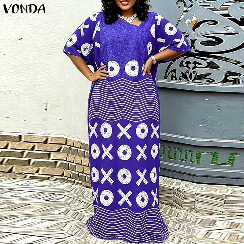 

VONDA Summer L-5XL Women Plus Size Dresses Long Maxi Dress Print Half Sleeve Streetwear Vestidos Robe OL Party Casual Sundress