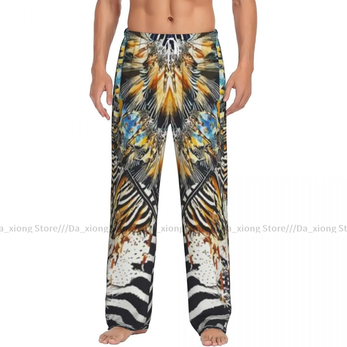 Mens Casual Pajama Long Pant Loose Elastic Waistband Abstract Animal Striped Zebra And Parrot Cozy Sleepwear Home Lounge Pants