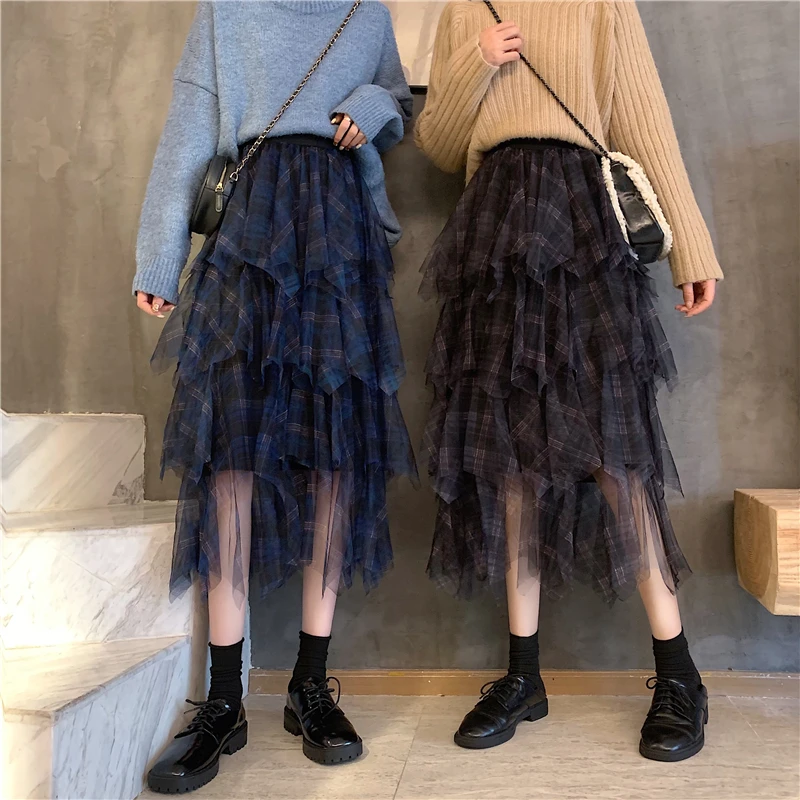 

Многослойная асимметричная тюлевая юбка в стиле ретро, женская клетчатая пышная юбка-тортик длиной f, осенний дизайн, расклешенное полиэфирное волокно