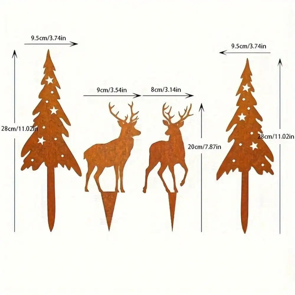 4 قطع من غزال الغابة المصنوع من الحديد الصدئ وزخارف شجرة كبيرة - ديكور حديقة مقاوم للطقس لأواني الزهور/الحديقة