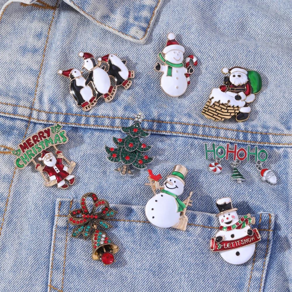 

Vintage 9PCS Letter Merry Christmas Santa Claus Christmas Tree Penguin Snowman Bell Bow HOHOHO Crystal Brooches Pins Set Gift