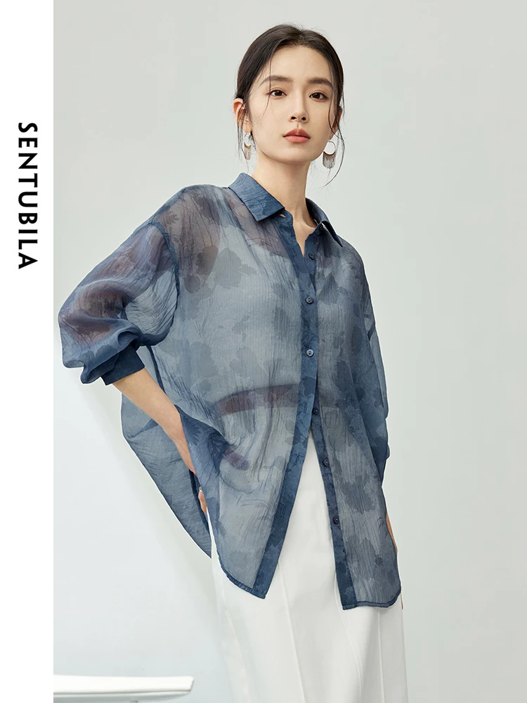 SENTUBILA Sheer Printed Shirts & Blouses for Women 2024 Spring Summer Casual Long Sleeve Tops Loose Button Up Shirt 141C53799