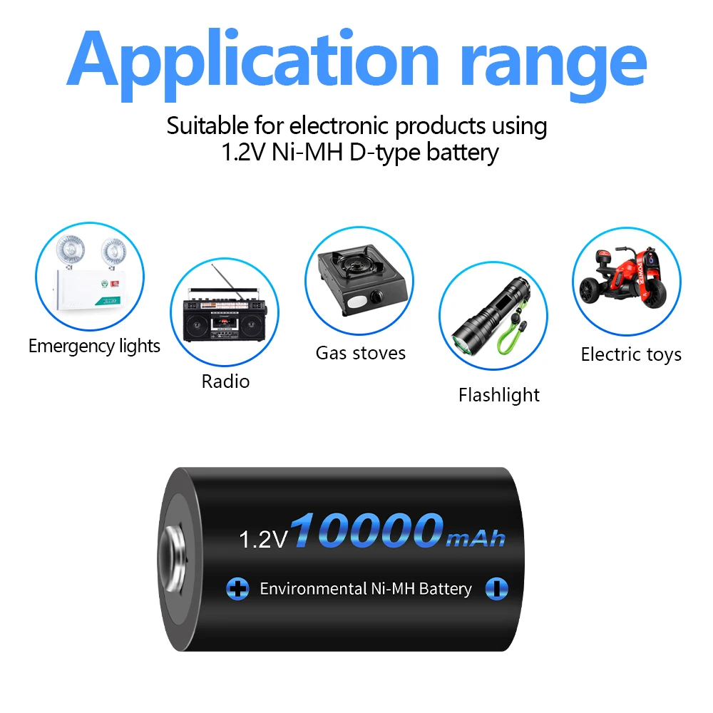 1.2V LR20 D Size Rechargeable Battery 10000mAh NIMH  Type D cell R20 Batteries +LCD Smart Charger For Gas Stove Water Heater