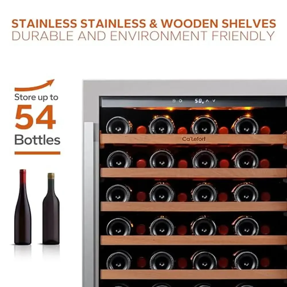 54 Bottle Wine Cooler Refrigerator Glass Door LED Compressor Cooling Wine Fridge Eco-Friendly Sapele Wood Shelves Adjustable