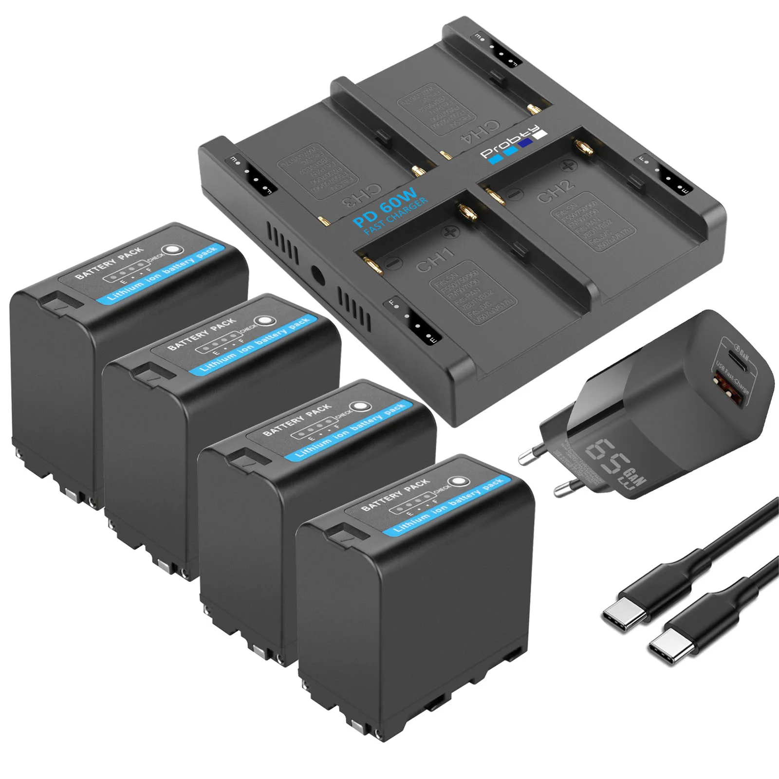 Probty 8800mAh NP-F970 vervangende batterij of 4-kanaals PD60W snellader voor NP-F550/750/770/970 fieldmonitor, videolamp