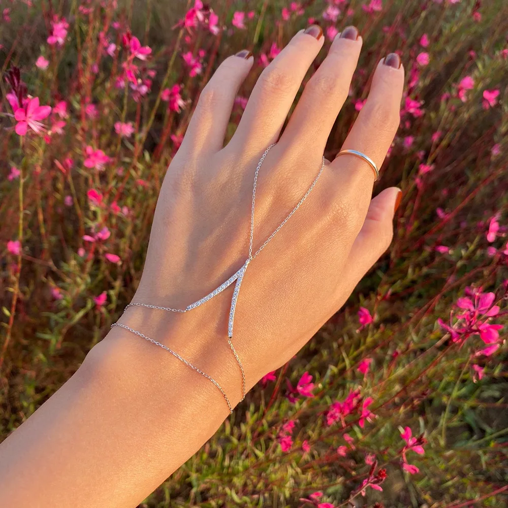 Cross Hand Chain for Women Rhinestone Slave Bracelet Sparkly Elegant Chic Glam Minimalist Party Jewelry Gift Box Packaging