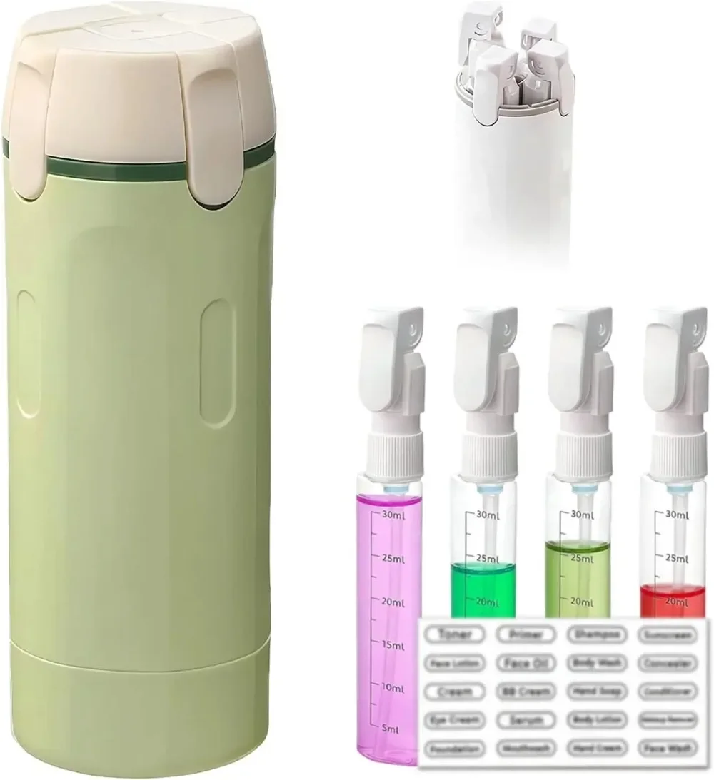 4Pcs 30ML Leak Proof Pump Bottle with Label Stickers,Portable Refillable Container for Toiletrie 4 in 1 Travel Dispenser Bottles