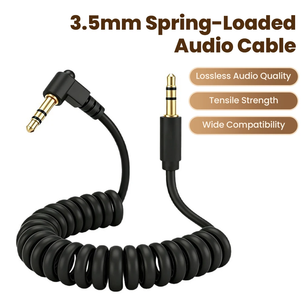 90° Right Angle 3.5mm Coiled AUX Cable Spring Stretch Audio Cord Male to Male Gold Plated for Car Speaker Headset