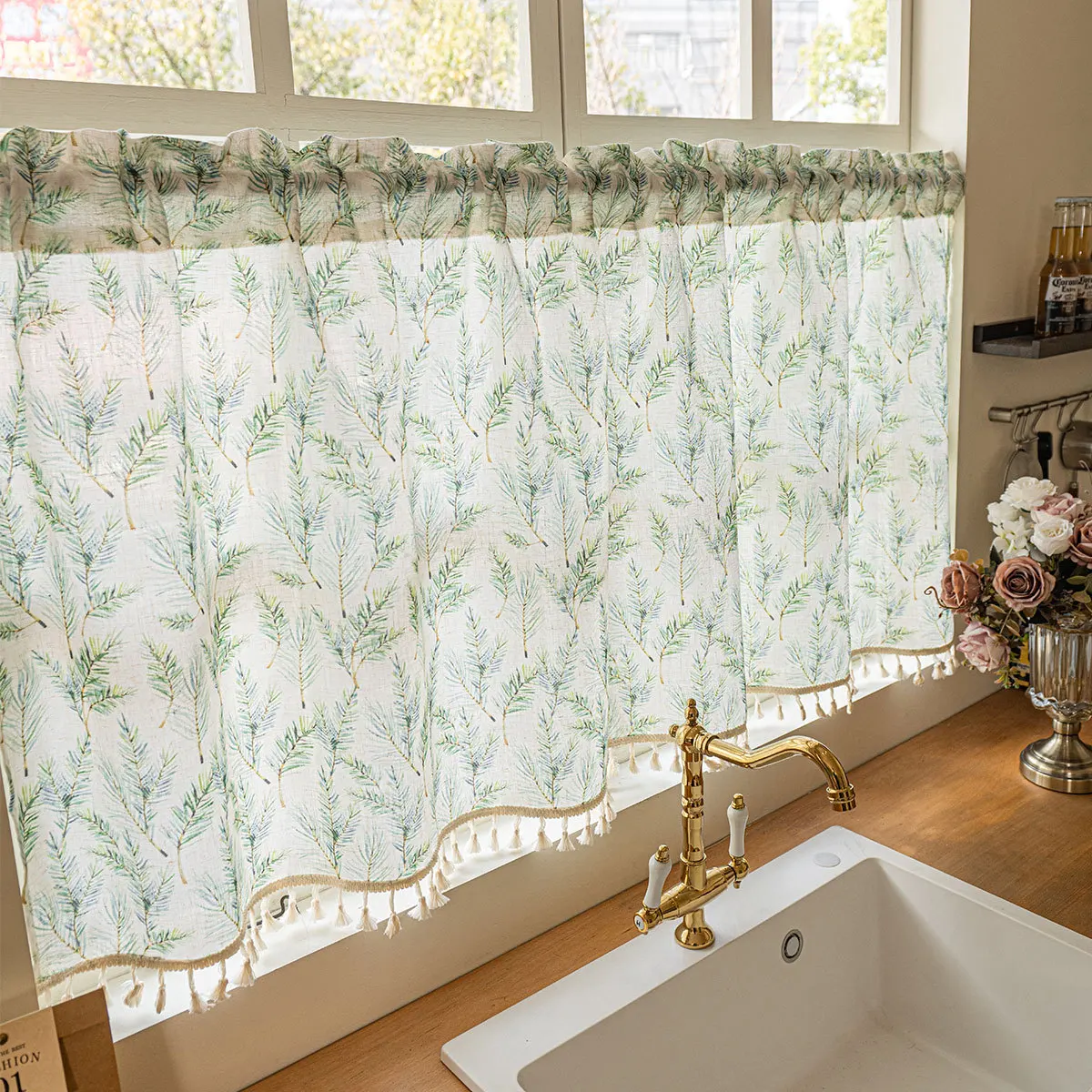 1PC Small Freshness Window Print Short Curtain, Fringe Cotton Linen Semi-Transparent Coffee Short Curtain, Finished Curtain Set