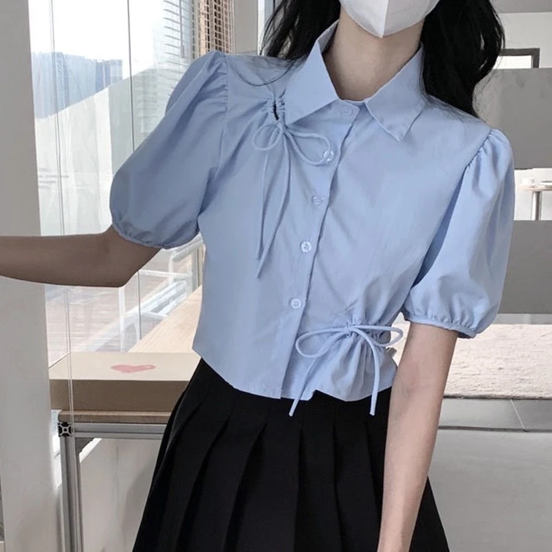 GIDYQ Elegant Women Bow Shirt Korean Fashion Design Chic Tops Y2K Casual Female All Match Puff Sleeve Shirt Summer New