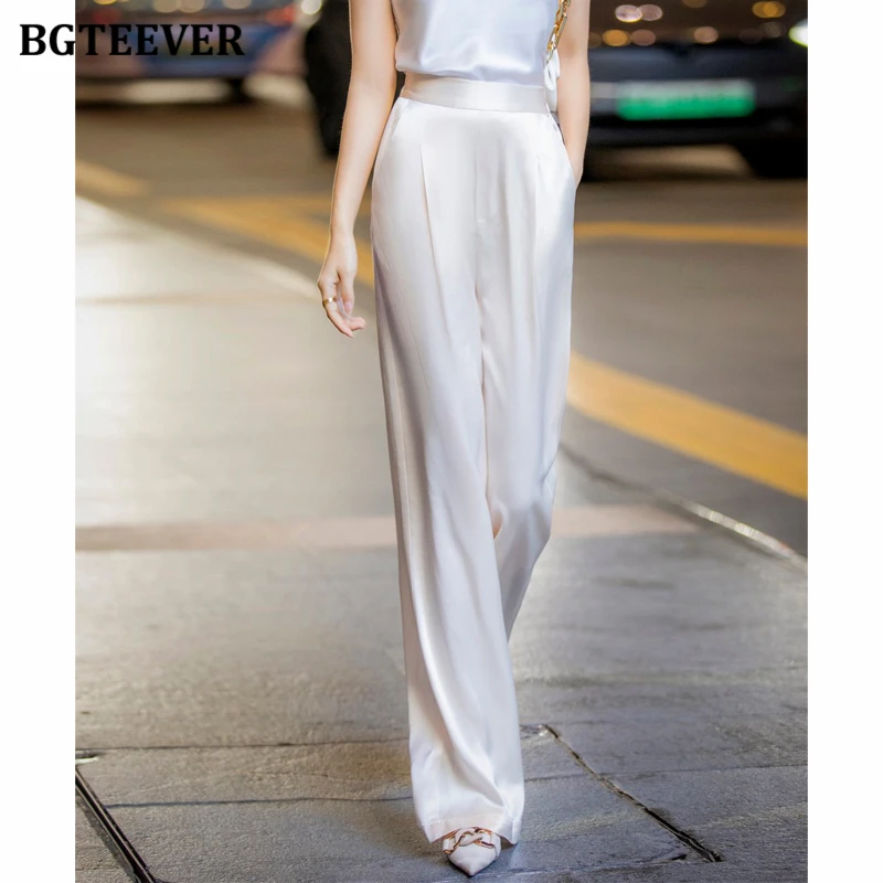 BGTEEVER Elegant Loose High Waist Satin Pants for Women Stylish Summer Long Pants Ladies Wide Leg Trousers Female