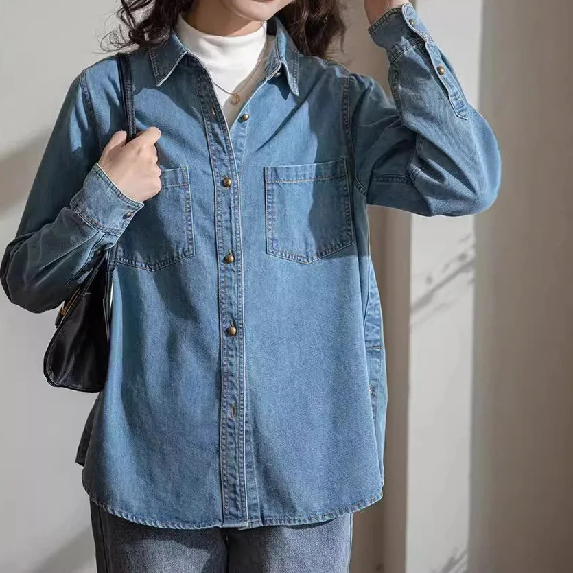 

Women Y2k Denim Shirt Top Washed Overshirt Pockets Single Breasted Turn Down Collar Blouse Autumn Streetwear 2025 Vintage Tops