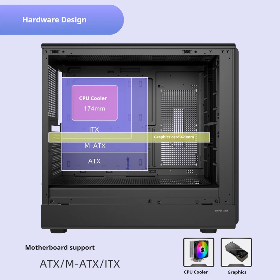 Power train Zhenjie G3 Custodia per PC USB3.0 desktop M-ATX ITX ATX supporto laterale in vetro trasparente Custodia per computer raffreddata ad acqua da 360 mm
