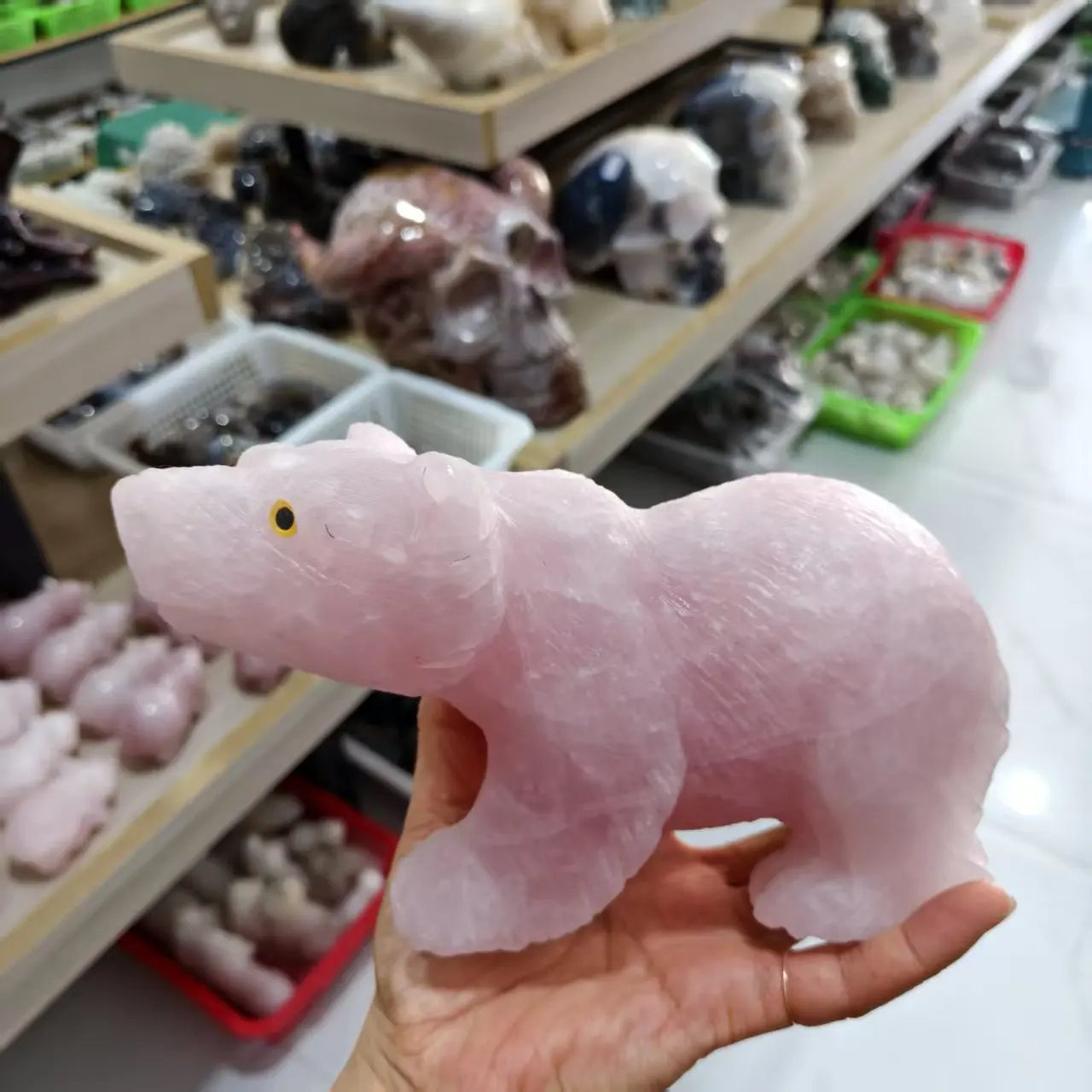 Natural Rose Quartz, Polar Bear, Cherry Blossom Rose Quartz Crystal Stone Carved Bear, Mineral Spiritual Healing