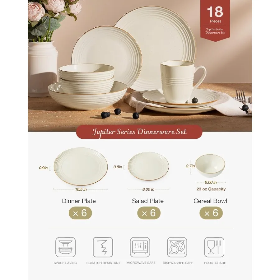 طقم أواني طعام جوبيتر أطباق وأطباق أطقم أطباق لـ 6 18 قطعة من الميكروويف وغسالة الأطباق آمنة من الخزف الحجري المرقط أدوات المائدة Ch #2