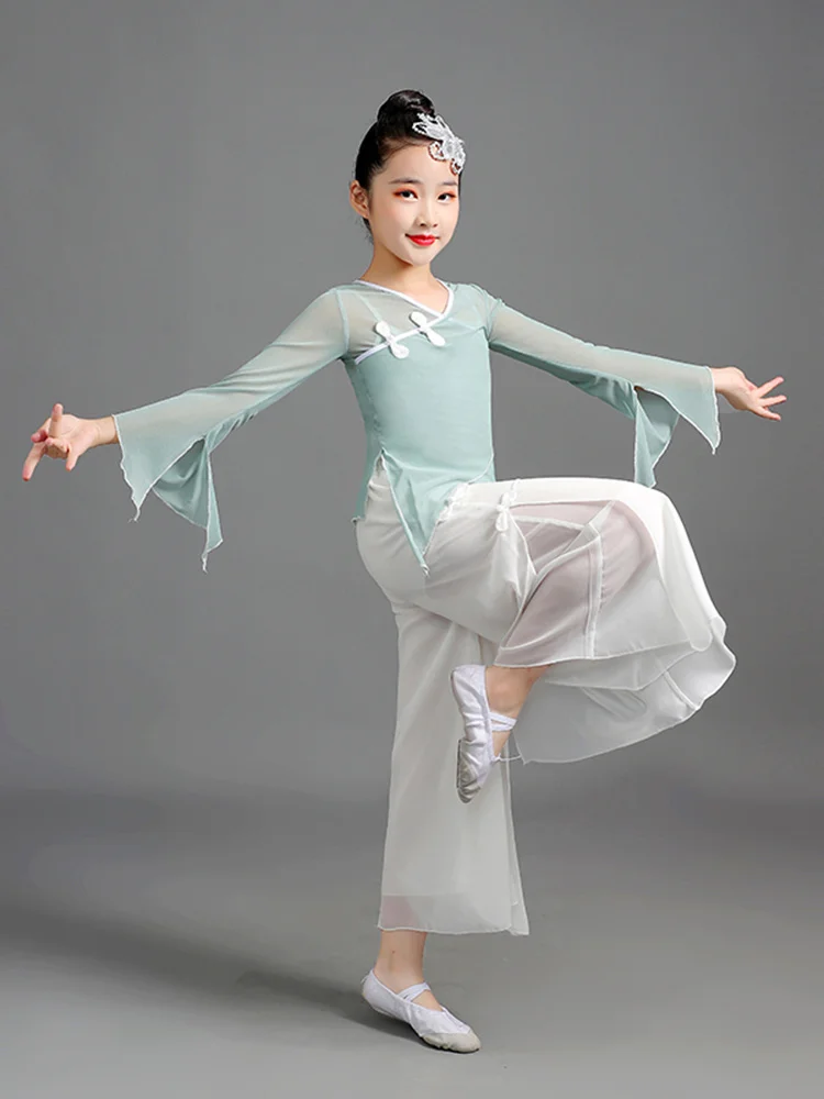 Vestiti di garza con ciondoli per il corpo per bambini, cheongsam da ballo classico, pantaloni a gamba larga, danza delle ragazze in cina, vestiti da allenamento, eleganti