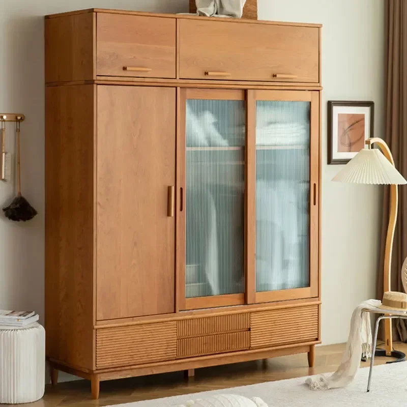 Nordic all solid wood cherry wood clothing cabinet modern simple Japanese home bedroom wardrobe glass sliding door wardrobe