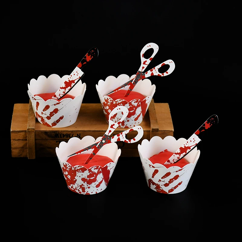 12pcs Wrappers Horror Bloodstain Cake Knife Scissors Halloween Cupcake Toppers Cake Food Decor Halloween Party Supply Decoration