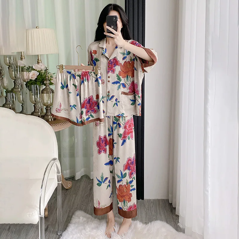 2025-autunno-classico-pigiama-di-organza-donna-pantaloni-a-maniche-corte-jacquard-stampa-fronte-retro-set-di-tre-pezzi-homewear-sleepwear