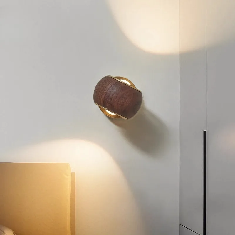 Medieval Wabi-sabi Walnut Wood Brass Base Wall Lamp LED Corridor Balcony Foyer Living Room Bedroom