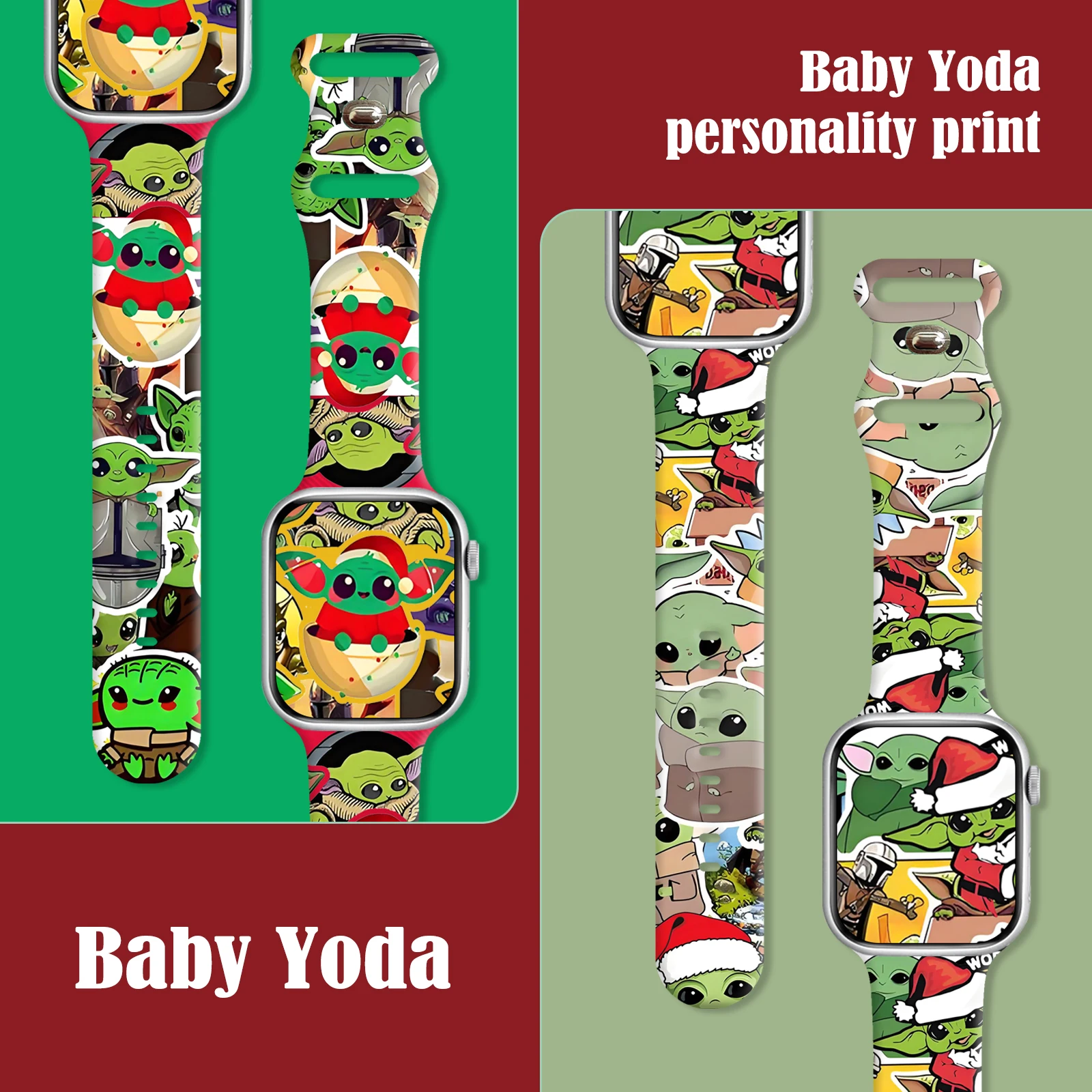 Pulseira de silicone de Natal Disney Yoda para Apple Watch, faixa impressa, pulseira substituível para iWatch, 9, 8, 7, SE, 6, 45mm, 44mm, 42mm, 40mm